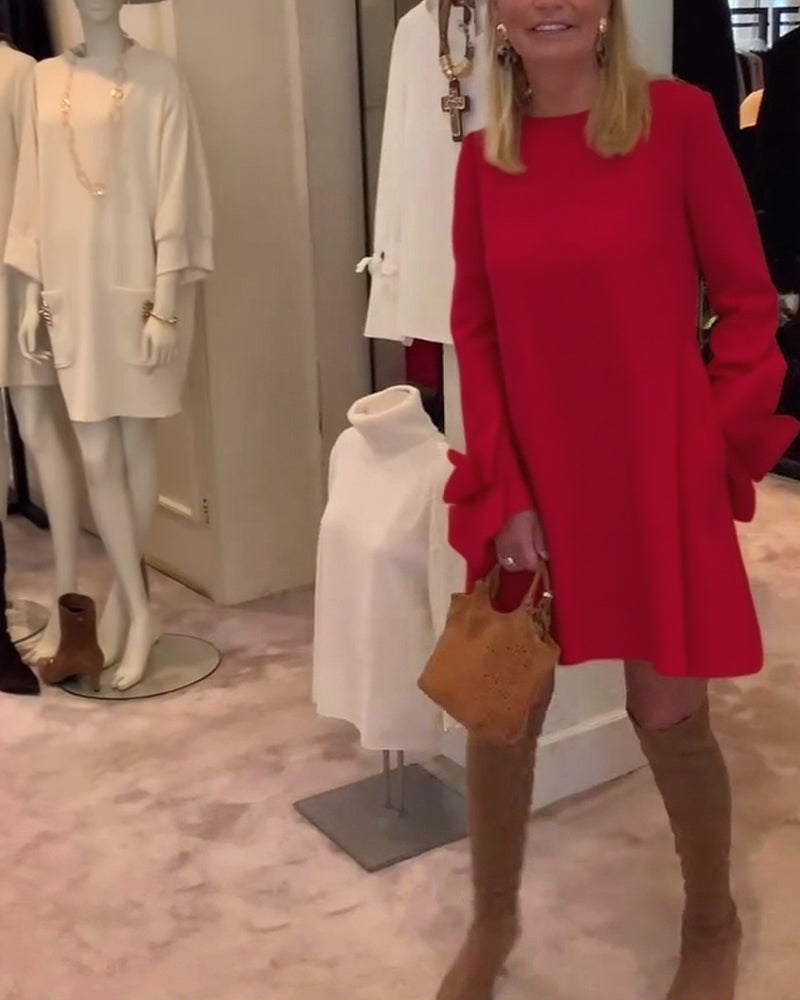 Sukienka Modna Okrągły Dekolt Kokarda Rękaw