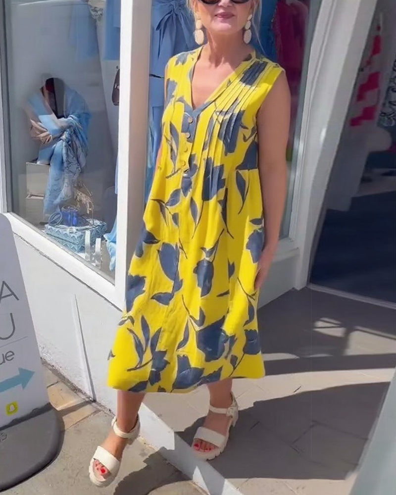 Sukienka Dekolt W Serek Bez Rękawów Drukowana