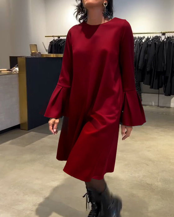 Sukienka Jednokolorowy Rozkloszowany Rękaw Marszczony