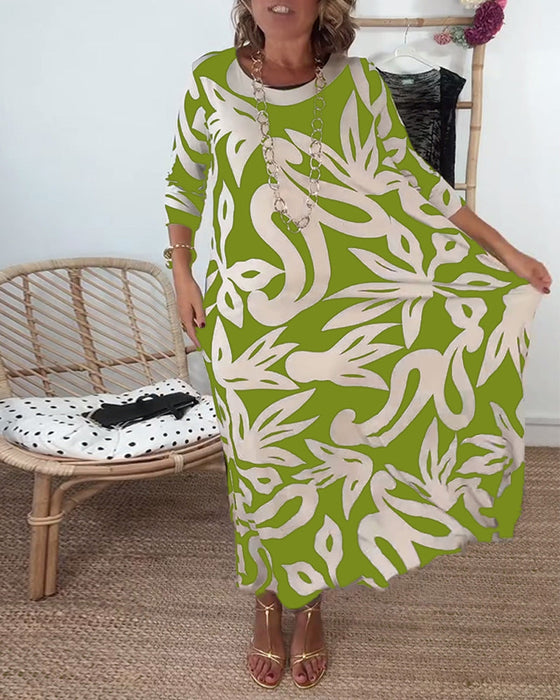 Sukienka Z Okrągłym Dekoltem I Długimi Rękawami Z Wzorem