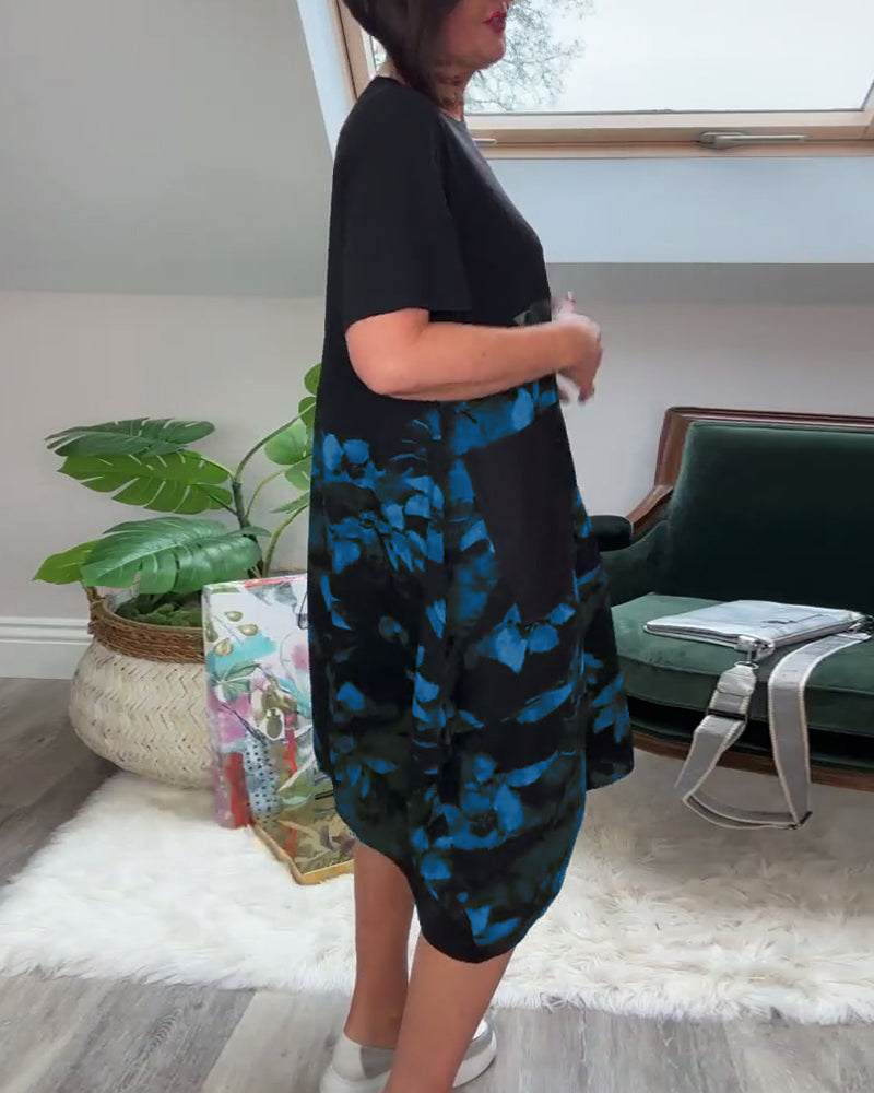 Sukienka z okrągłym dekoltem i kwiatowym nadrukiem oraz patchworkiem