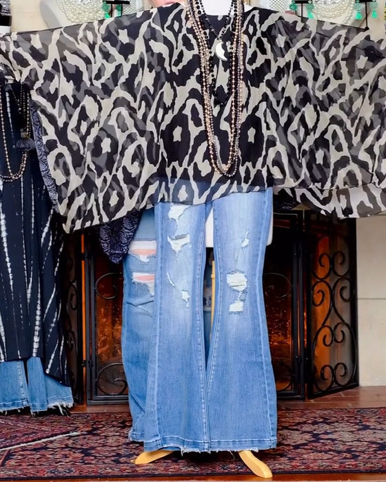 Bluzka Nietoperzowy Rękaw Nadruk Długi Rękaw