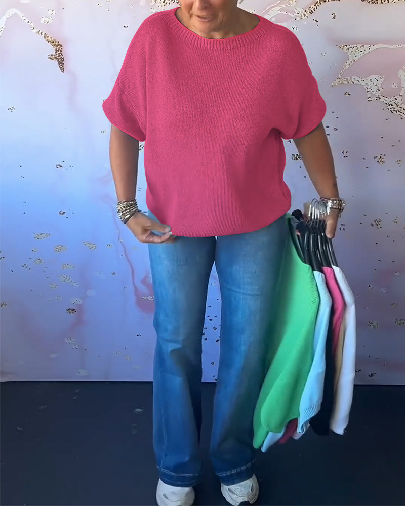 Luźny jednokolorowy swobodny sweter z okrągłym dekoltem