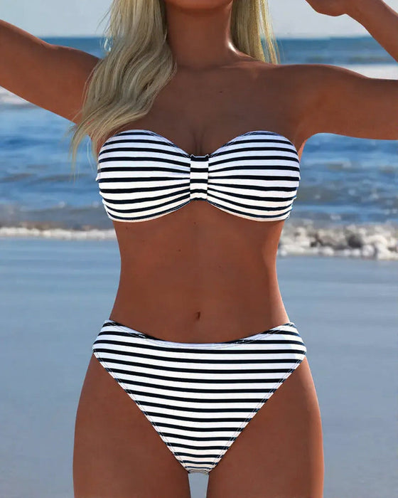 Strój Kąpielowy Wysoki Stanik Paski Trójkąt Dwuczęściowy