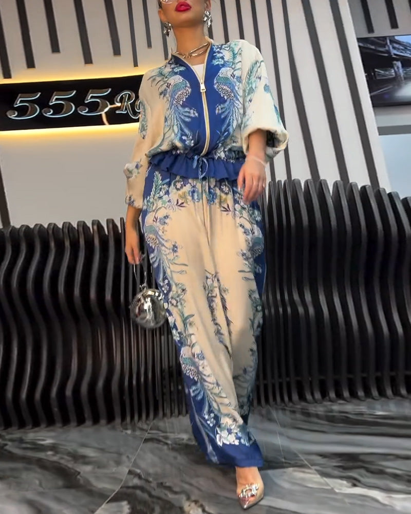 Garnitur o Szerokich Nogawkach Temperament Stójka Zamek Błyskawiczny