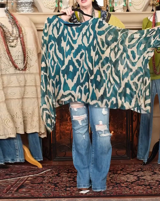 Bluzka Nietoperzowy Rękaw Nadruk Długi Rękaw