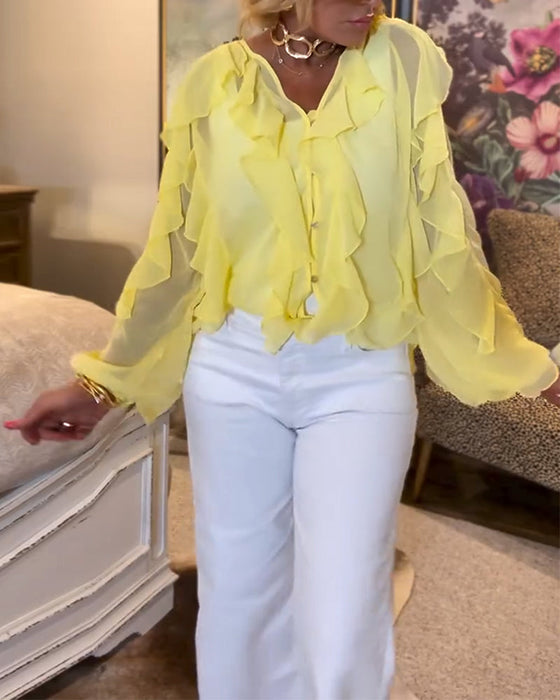 Falbaniasta, Zwiewna Koszula W Jednolitym Kolorze