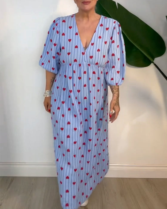 Sukienka Elegancka Dekolt W Serek Wzór W Serca