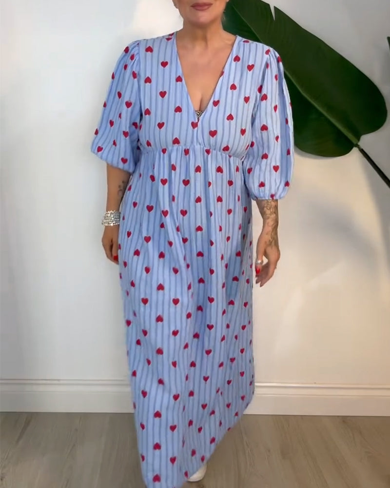 Sukienka Elegancka Dekolt W Serek Wzór W Serca