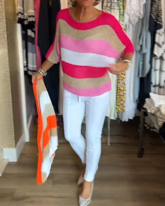 Sweter z okrągłym dekoltem i blokami kolorów