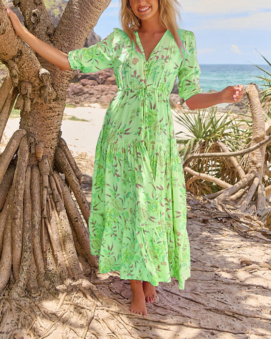 Sukienka Dekolt V Kwiatowy Krótkie Rękawy