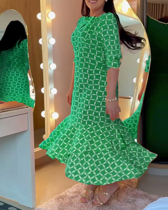 Sukienka Pół Rękaw Rund Hals Talia Drukowana