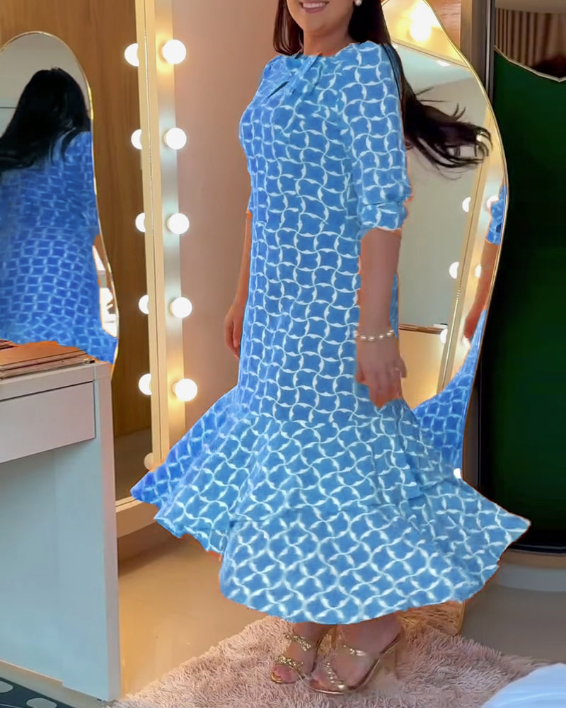 Sukienka Pół Rękaw Rund Hals Talia Drukowana