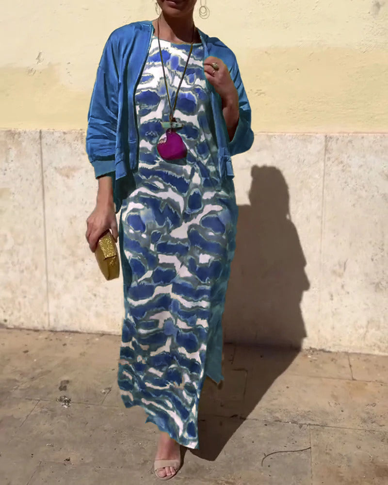 Komplet Bez Rękawów Drukowana Sukienka I Płaszcz