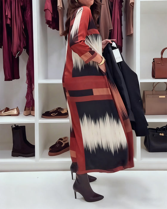 Modna Drukowana Sukienka Z Okrągłym Dekoltem I Długimi Rękawami