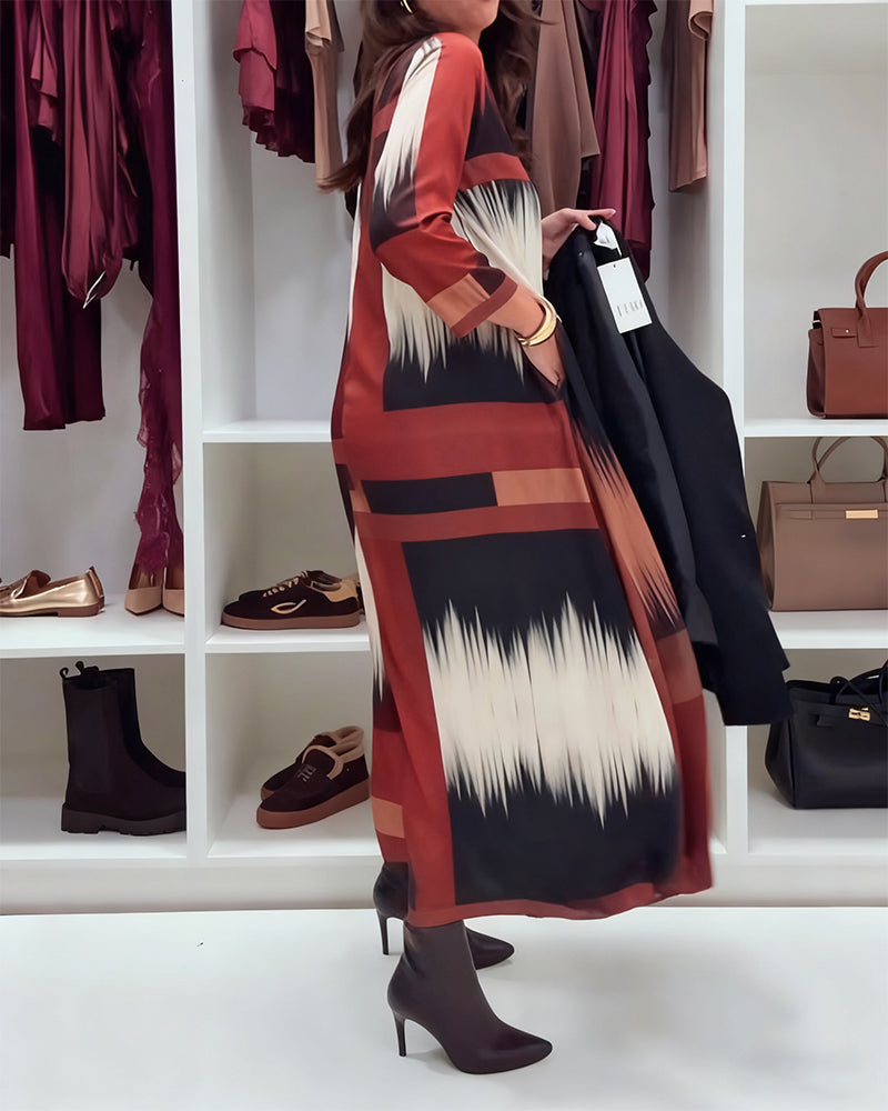 Modna Drukowana Sukienka Z Okrągłym Dekoltem I Długimi Rękawami