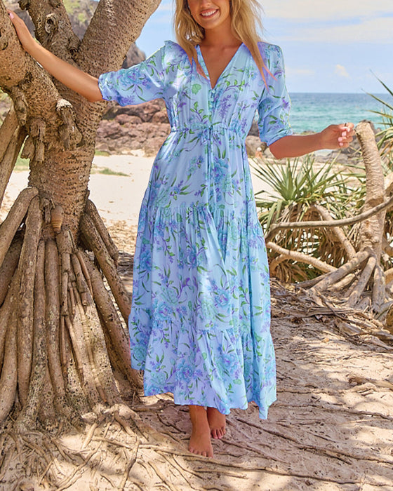 Sukienka Dekolt V Kwiatowy Krótkie Rękawy