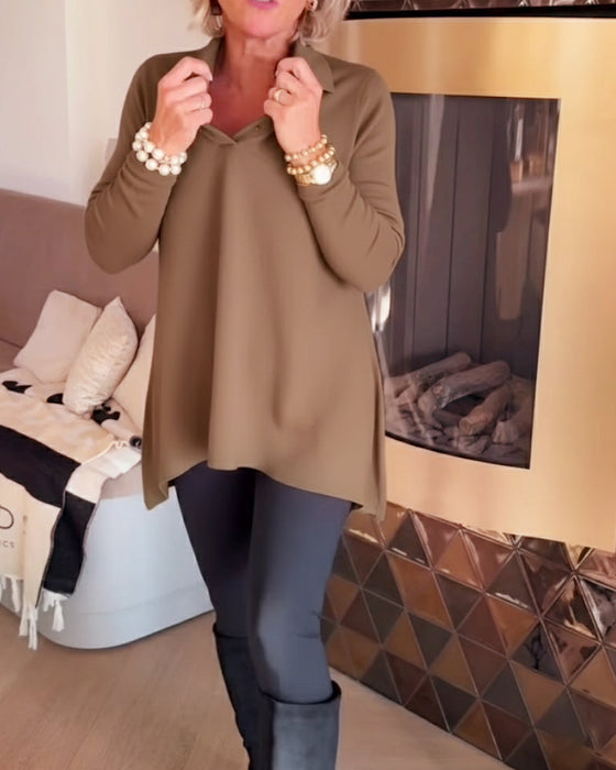 Nierówny Kołnierz Długi Rękaw Top