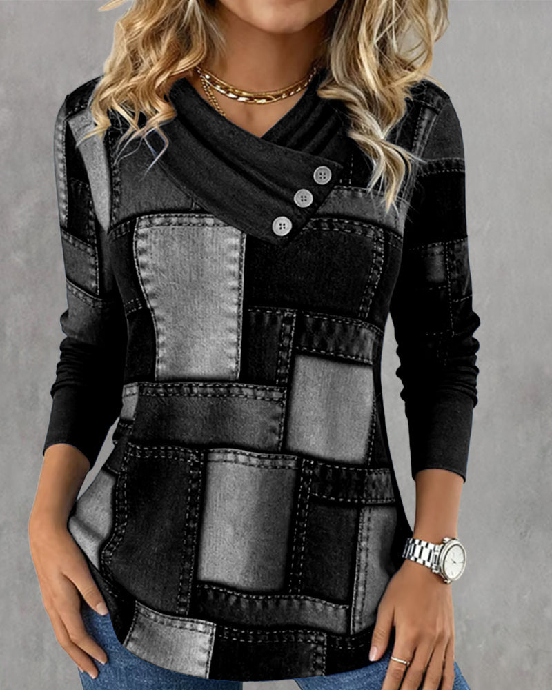 Długorękawowy Top Z Dekoltem W Serek I Jednolitym Kontrastem