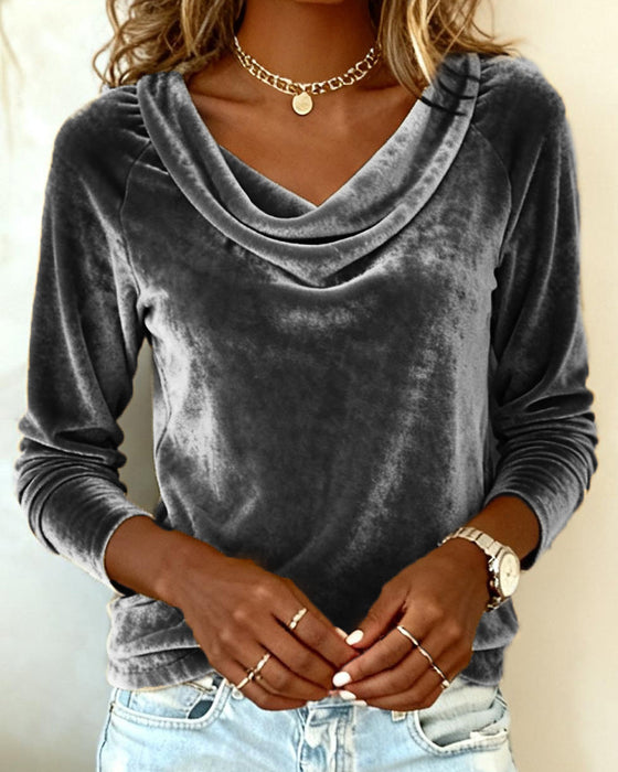 Długorękawowy Top Z Aksamitu W Jednolitym Kolorze