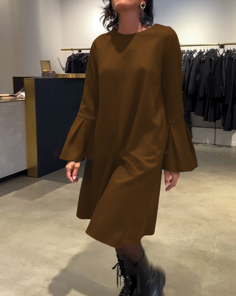 Sukienka Jednokolorowy Rozkloszowany Rękaw Marszczony