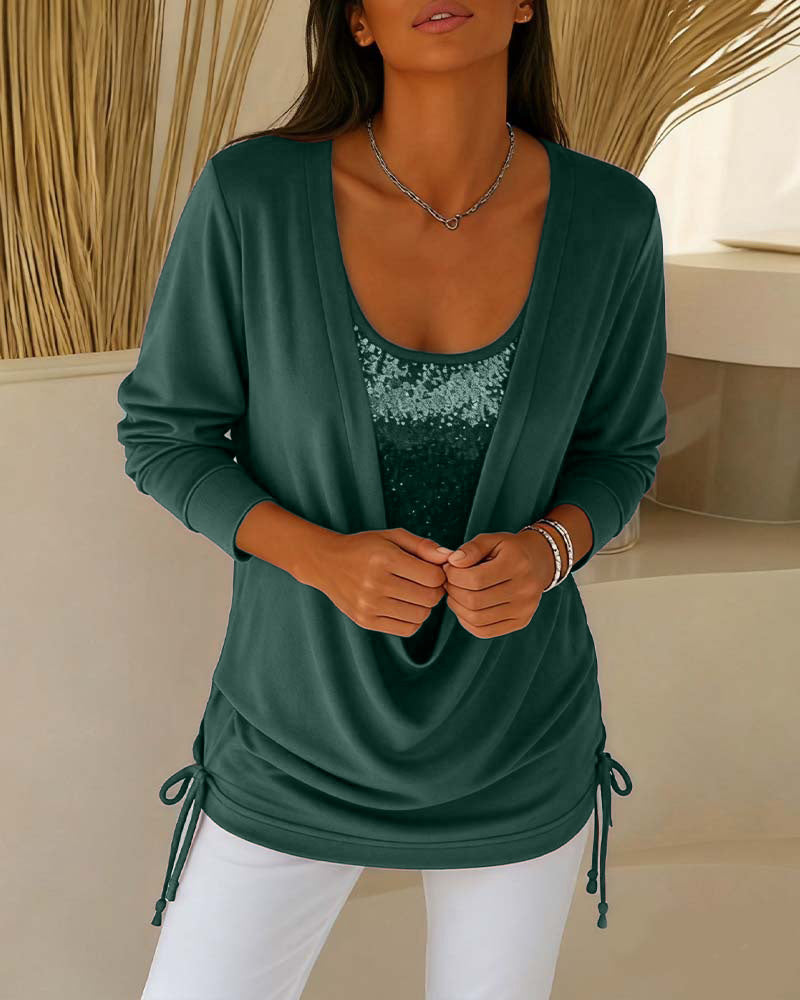 Bluzka Z Cekinami W Kontrastowych Kolorach, Imitacja Dwuczęściowej