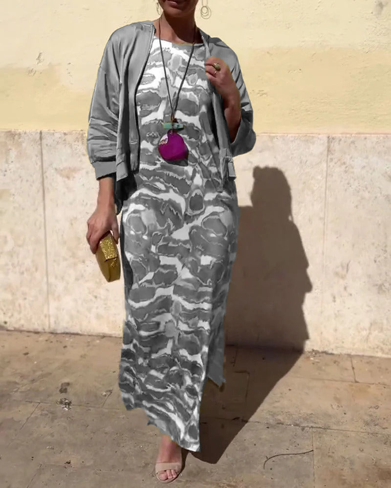 Komplet Bez Rękawów Drukowana Sukienka I Płaszcz