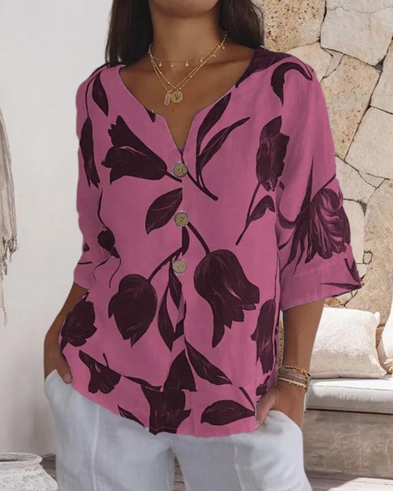 Bluza zapinana na guziki z bawełny i lnu w kwiatowy wzór