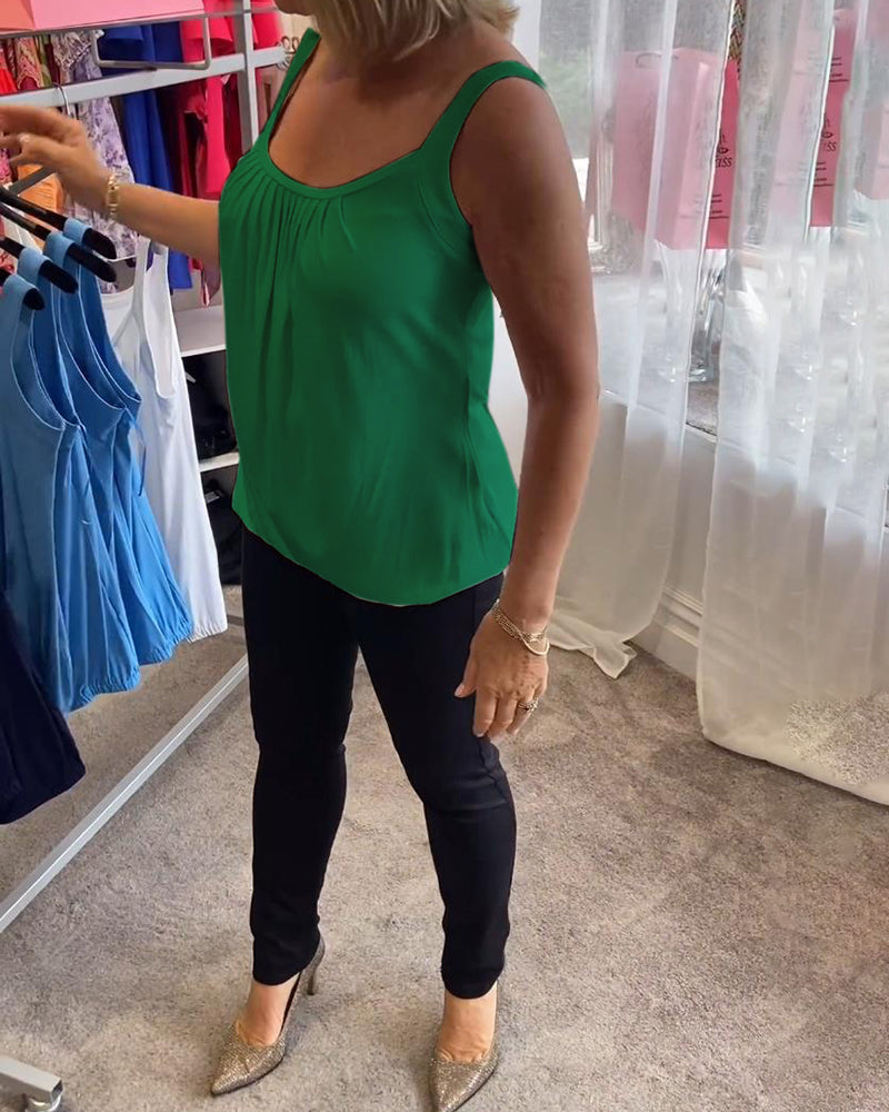 Plisowany solidny swobodny top bez rękawów