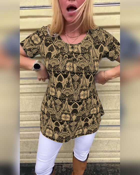 Koszulka casual retro okrągły dekolt nadruk