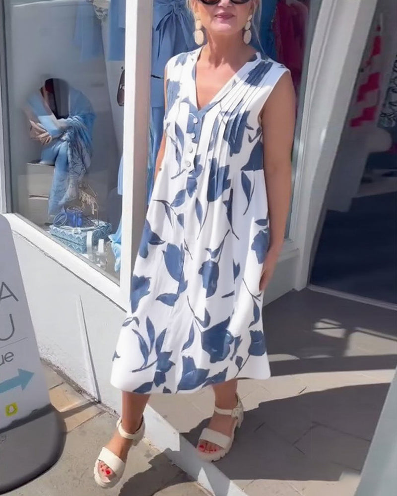 Sukienka Dekolt W Serek Bez Rękawów Drukowana