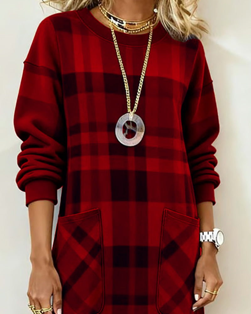 Sukienka w Kratę Nadruk Kieszeń Prosta