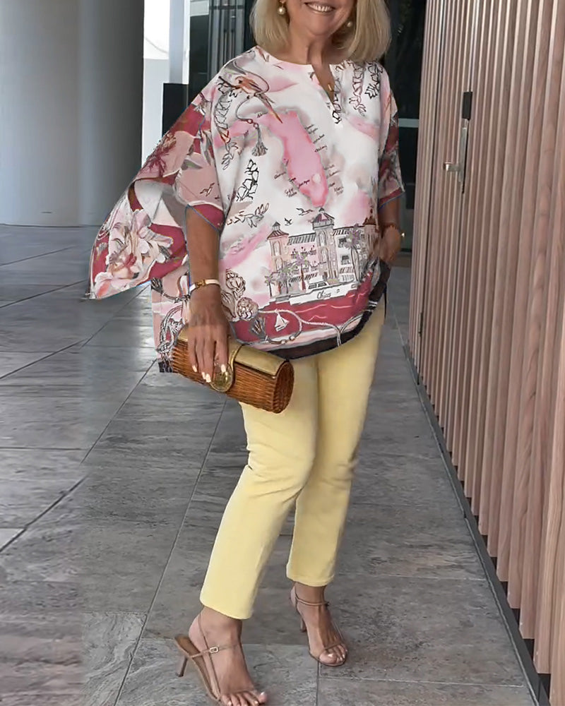 Bluzka Nietoperzowy Rękaw Print