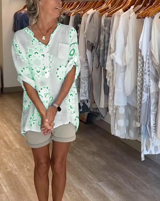 Bluzka Uniwersalna Dekolt W S Nadruk Połdługie Rękawy