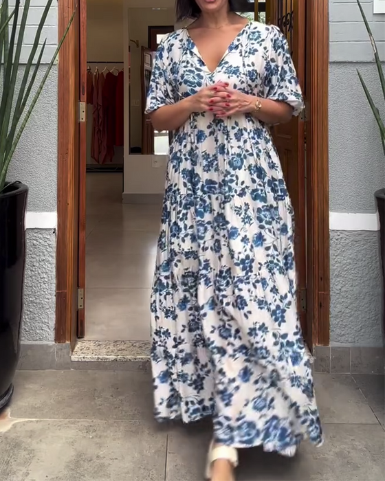 Sukienka Krótki Rękaw Kwiatowy Nadruk