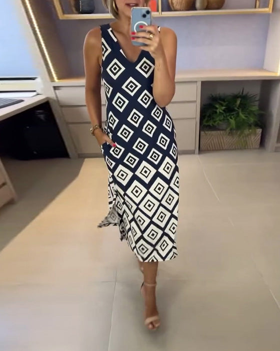 Sukienka Dekolt W S Wzór W Romby Bez Rękawów