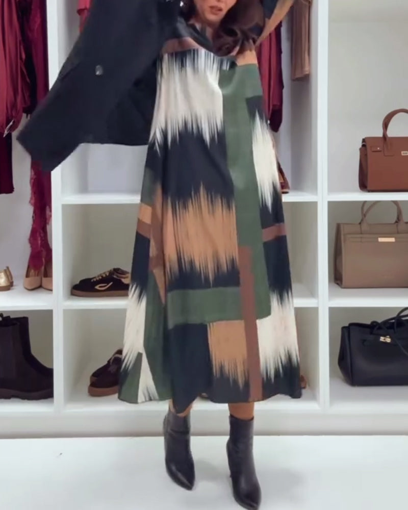 Modna Drukowana Sukienka Z Okrągłym Dekoltem I Długimi Rękawami