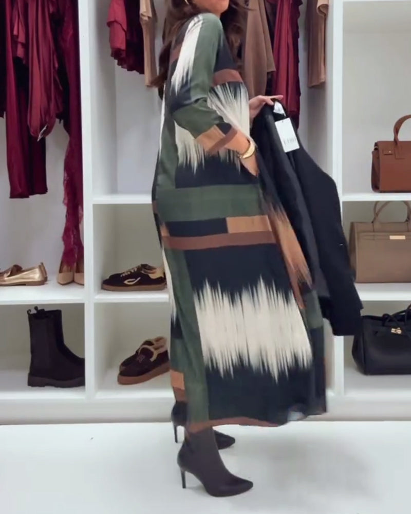 Modna Drukowana Sukienka Z Okrągłym Dekoltem I Długimi Rękawami