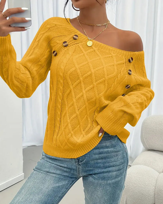 Sweter Jednokolorowy Rękaw Raglan Sprzączka Warkocz Ścieg