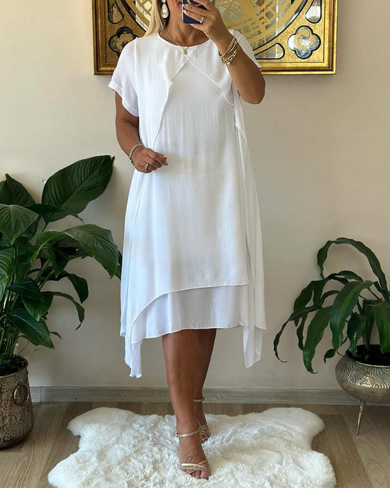 Sukienka Fałszywa Dwuczęściowa Podwójna Warstwowa Luźna Krótkim Rękawem