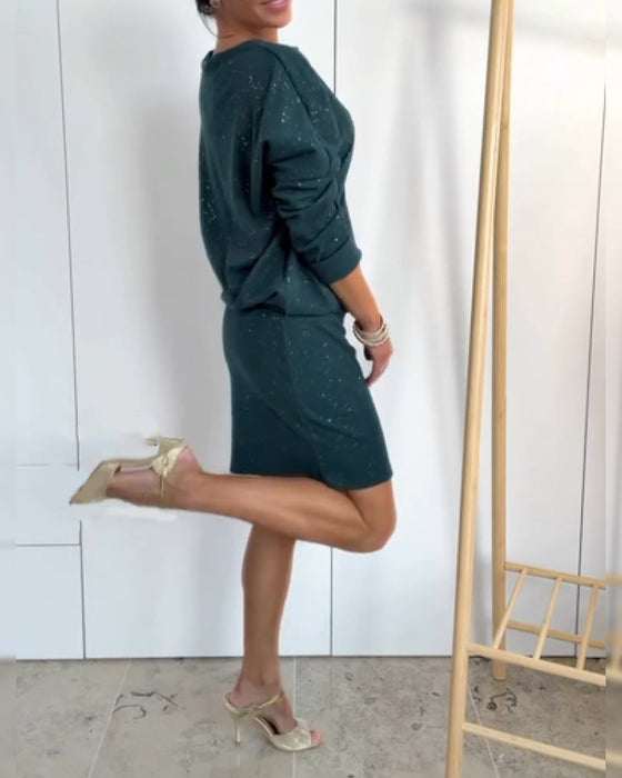 Sukienka Okrągły Dekolt Drobny Brokat Modna