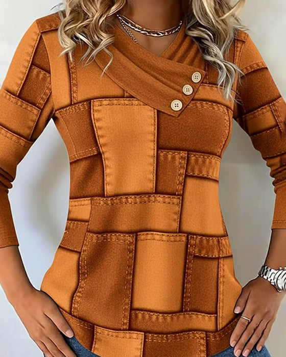 Długorękawowy Top Z Dekoltem W Serek I Jednolitym Kontrastem