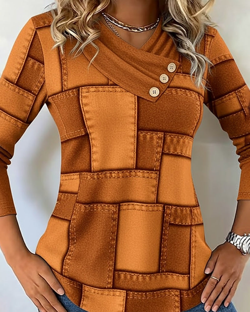 Długorękawowy Top Z Dekoltem W Serek I Jednolitym Kontrastem