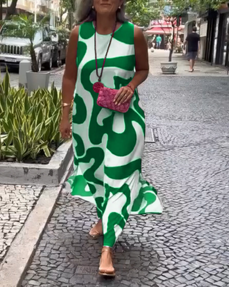 Sukienka Bez Rękawów Z Okrągłym Dekoltem I Geometrycznym Nadrukiem