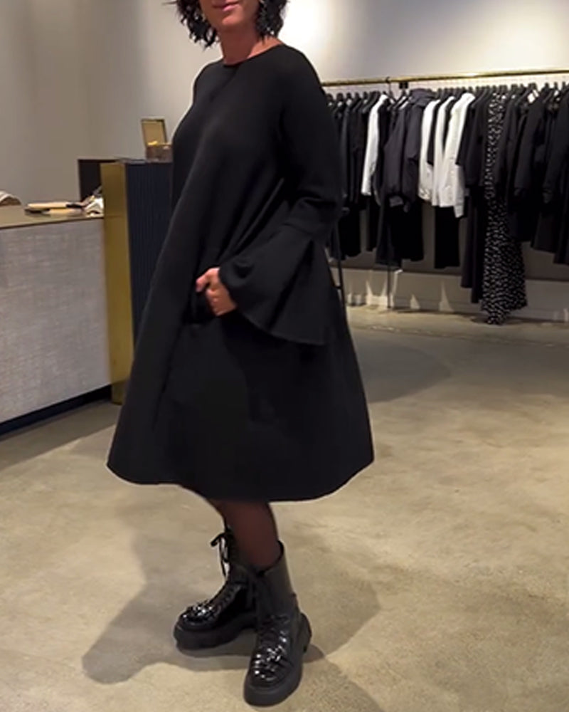 Sukienka Jednokolorowy Rozkloszowany Rękaw Marszczony