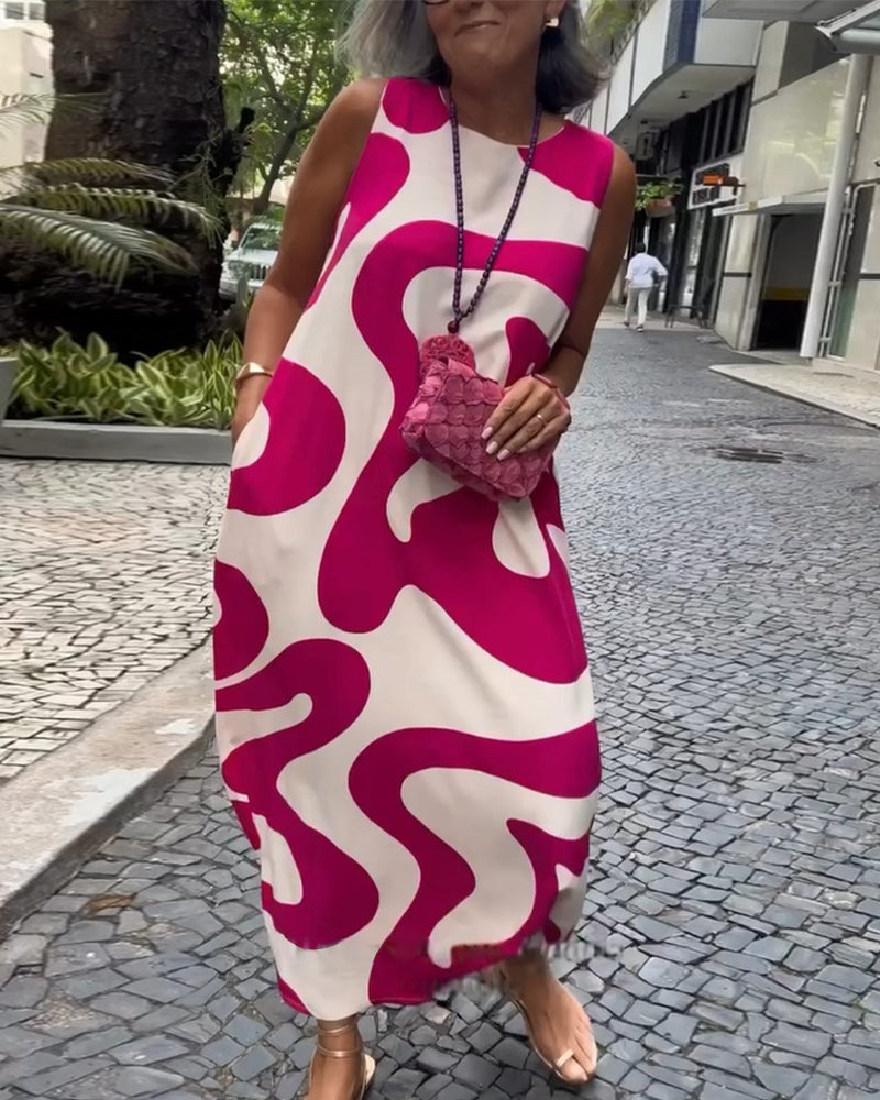 Sukienka Bez Rękawów Z Okrągłym Dekoltem I Geometrycznym Nadrukiem