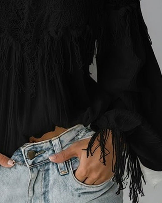 Top Na Ramiączkach Typu Off-The-Shoulder Z Koronką I Frędzlami