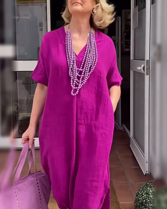 Sukienka Dekolt W Serek Jednolity Kolor Prosta Długa