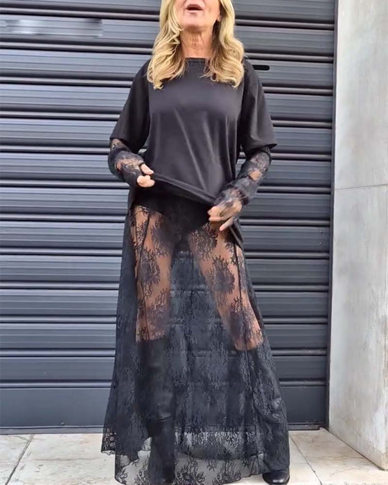 Dwuczęściowy komplet - koszulka w jednolitym kolorze i koronkowa spódnica