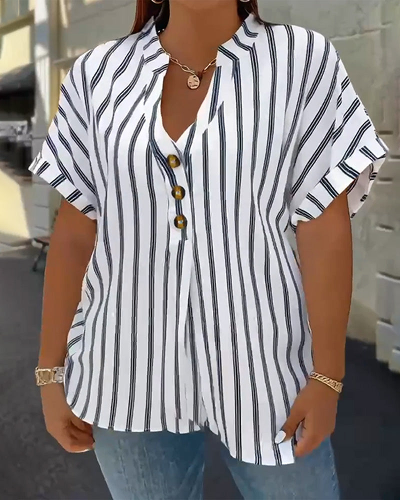 Bluzka Zapinana na Guziki V-dekolt W Paski